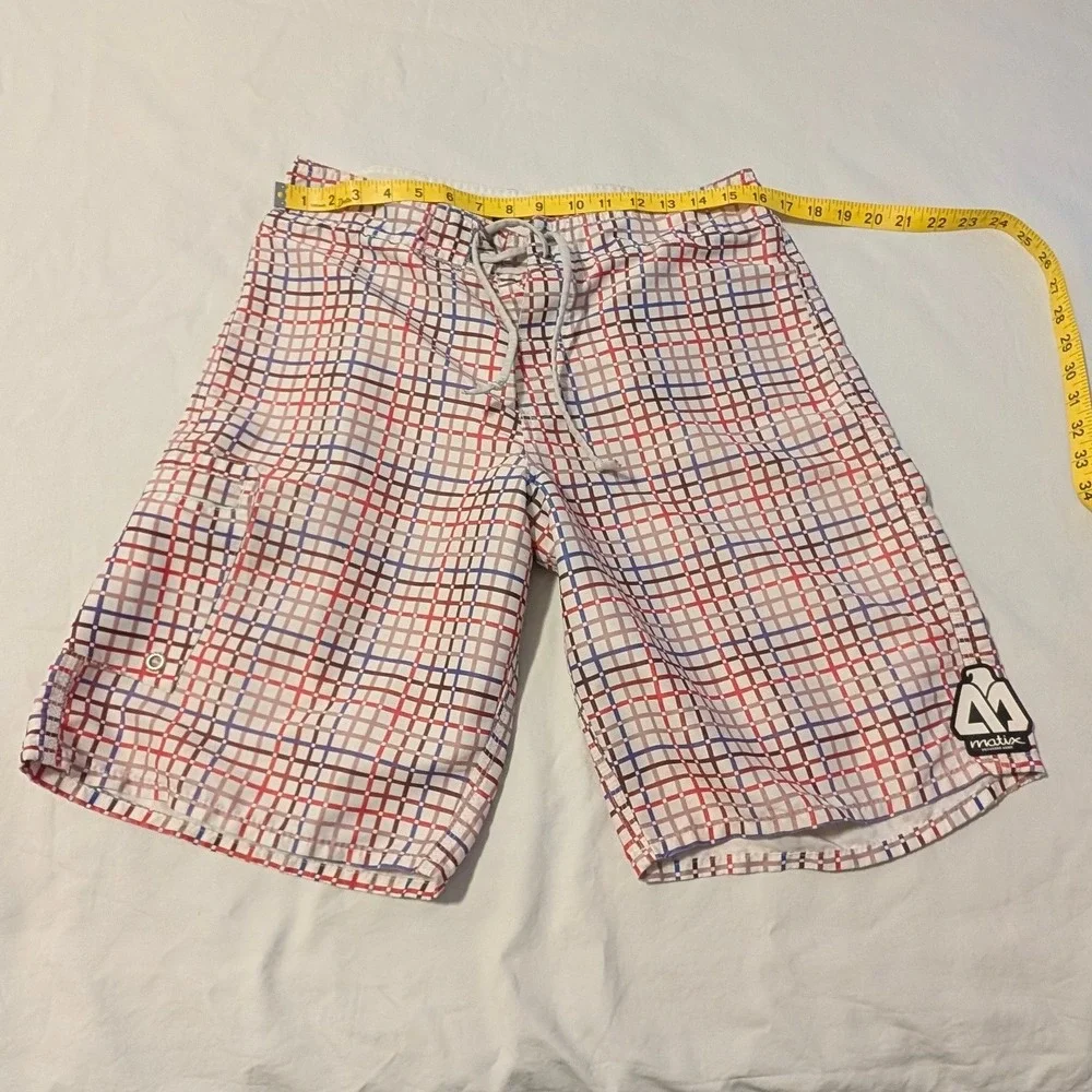 Matix Mens Board Shorts Size 32 White Red Blue Grid Plaid Swim Trunks Surf